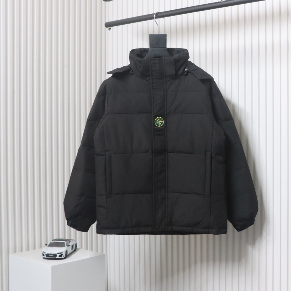 Stone Island Solid Color Zipper Hooded Reversible Down Jacket Black