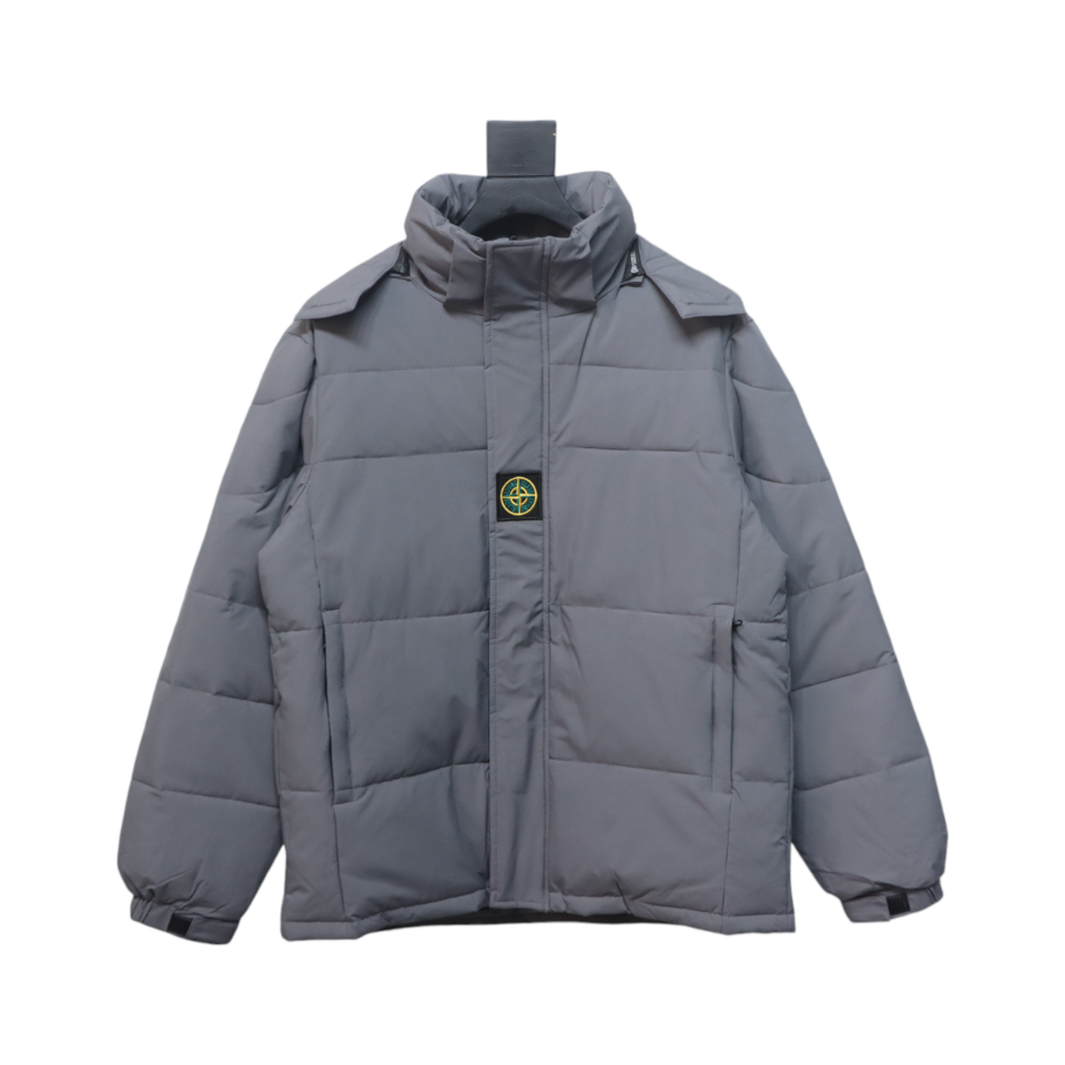 Stone Island Solid Color Zipper Hooded Reversible Down Jacket Grey