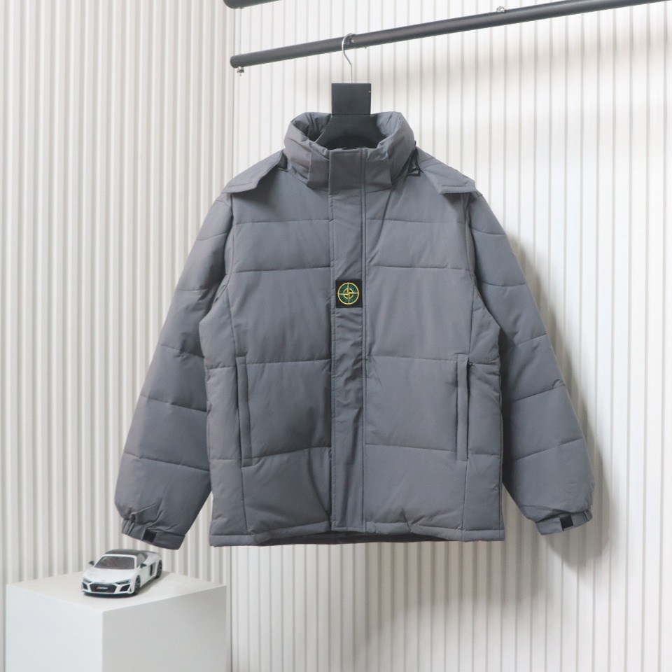 Stone Island Solid Color Zipper Hooded Reversible Down Jacket Grey