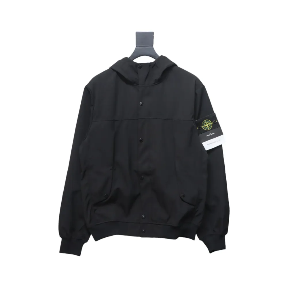 Stone Island SS24 Soft Shell Waterproof And Windproof Solid Color Single Breasted Hooded Jacket Black