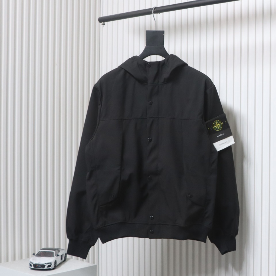 Stone Island SS24 Soft Shell Waterproof And Windproof Solid Color Single Breasted Hooded Jacket Black