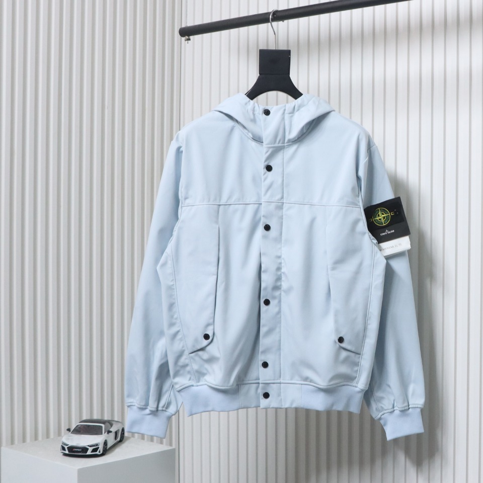 Stone Island SS24 Soft Shell Waterproof And Windproof Solid Color Single Breasted Hooded Jacket Blue