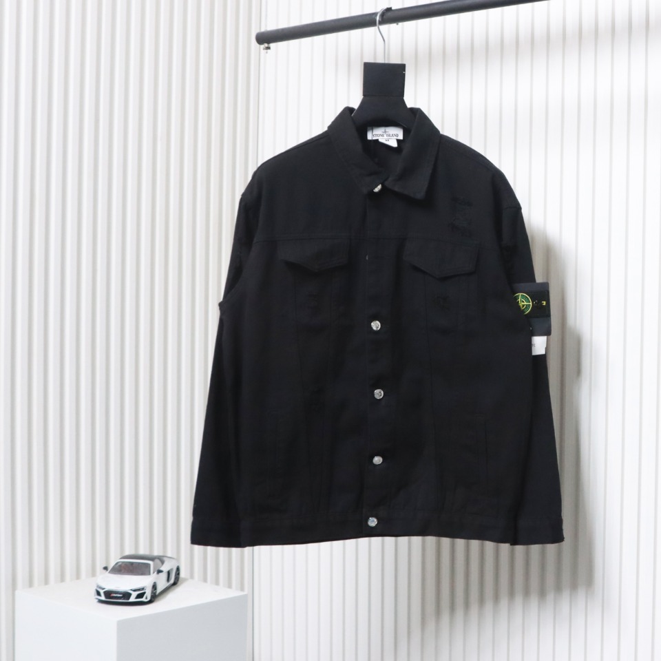 Stone Island Washed Distressed Denim Jacket Black