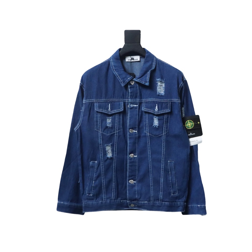 Stone Island Washed Distressed Denim Jacket Dark Blue