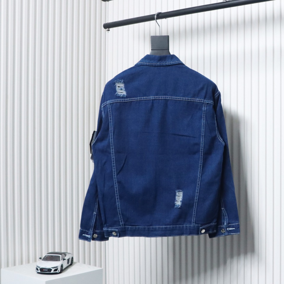 Stone Island Washed Distressed Denim Jacket Dark Blue