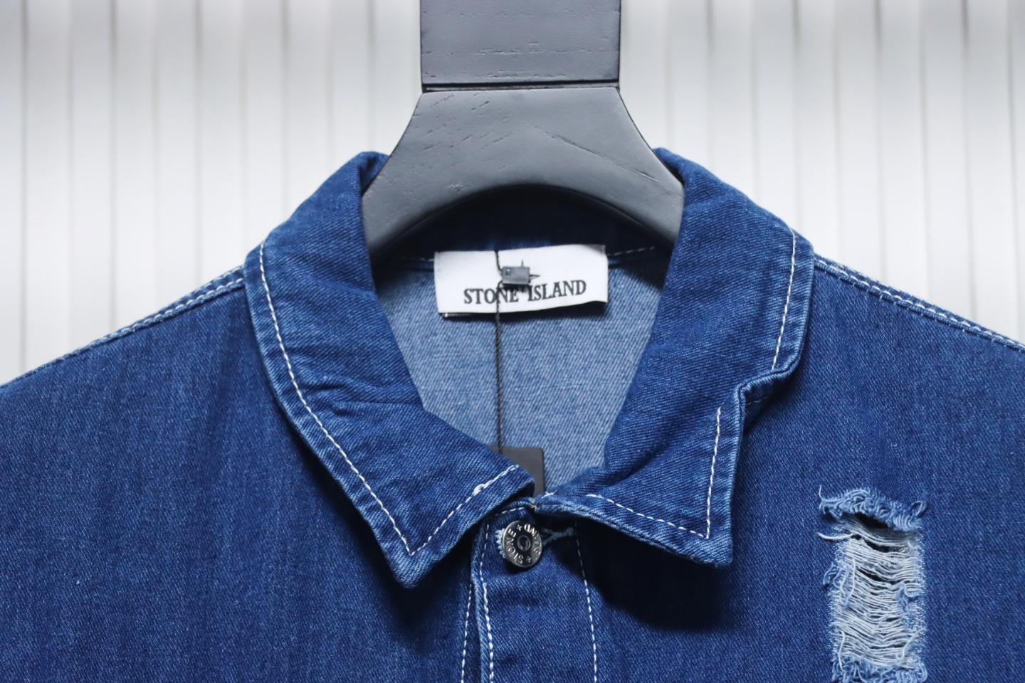 Stone Island Washed Distressed Denim Jacket Dark Blue