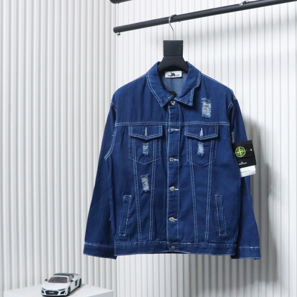 Stone Island Washed Distressed Denim Jacket Dark Blue