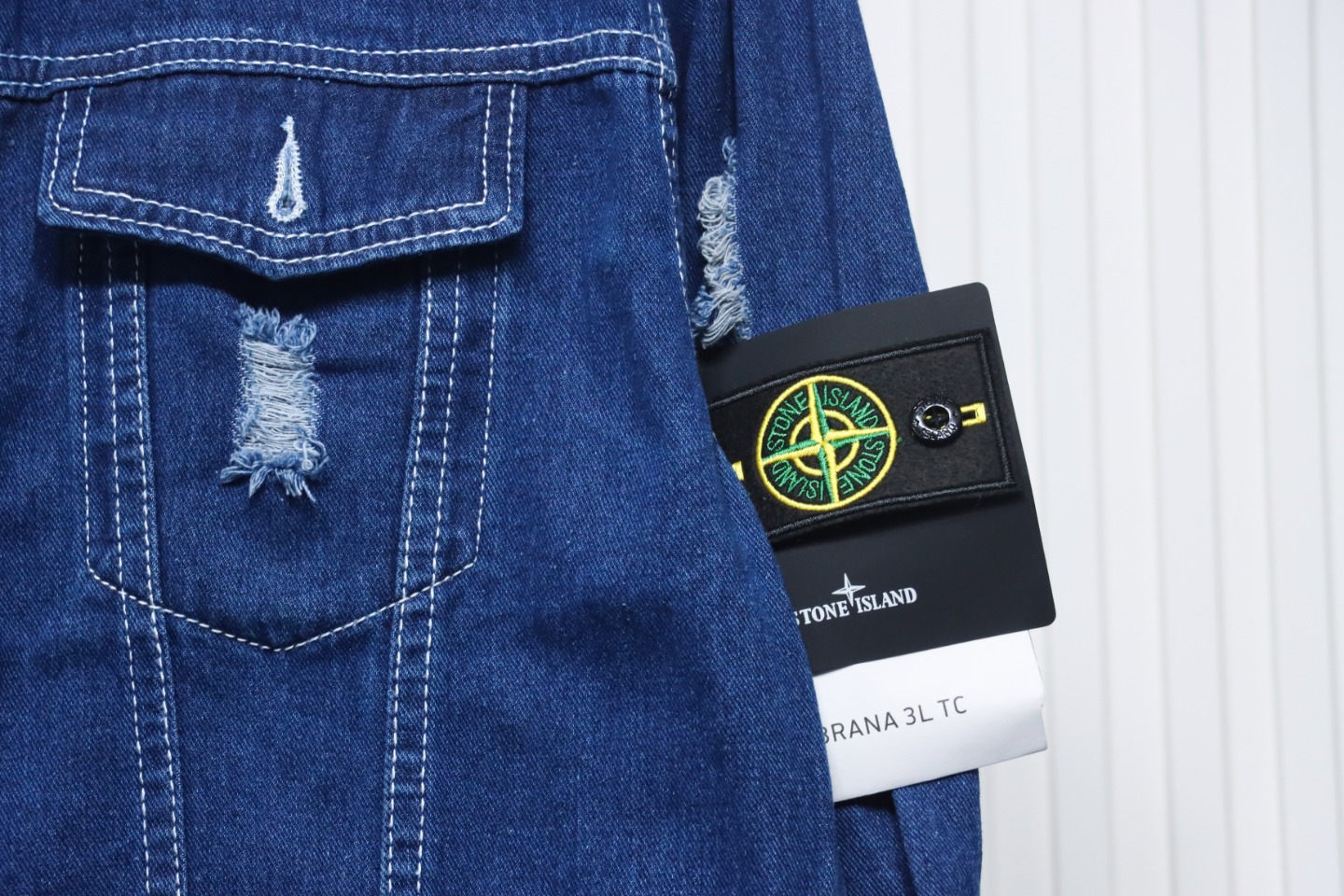 Stone Island Washed Distressed Denim Jacket Dark Blue