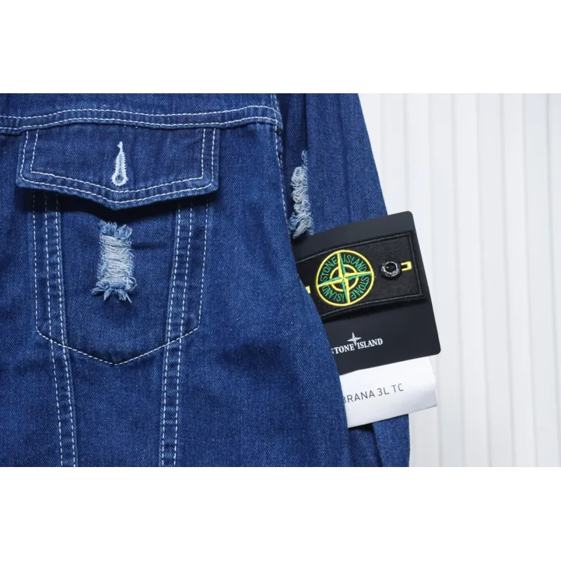 Stone Island Washed Distressed Denim Jacket Dark Blue