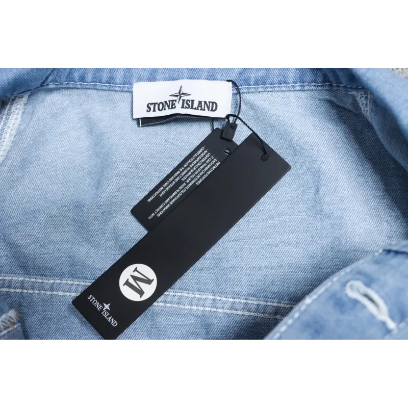 Stone Island Washed Distressed Denim Jacket Light Blue