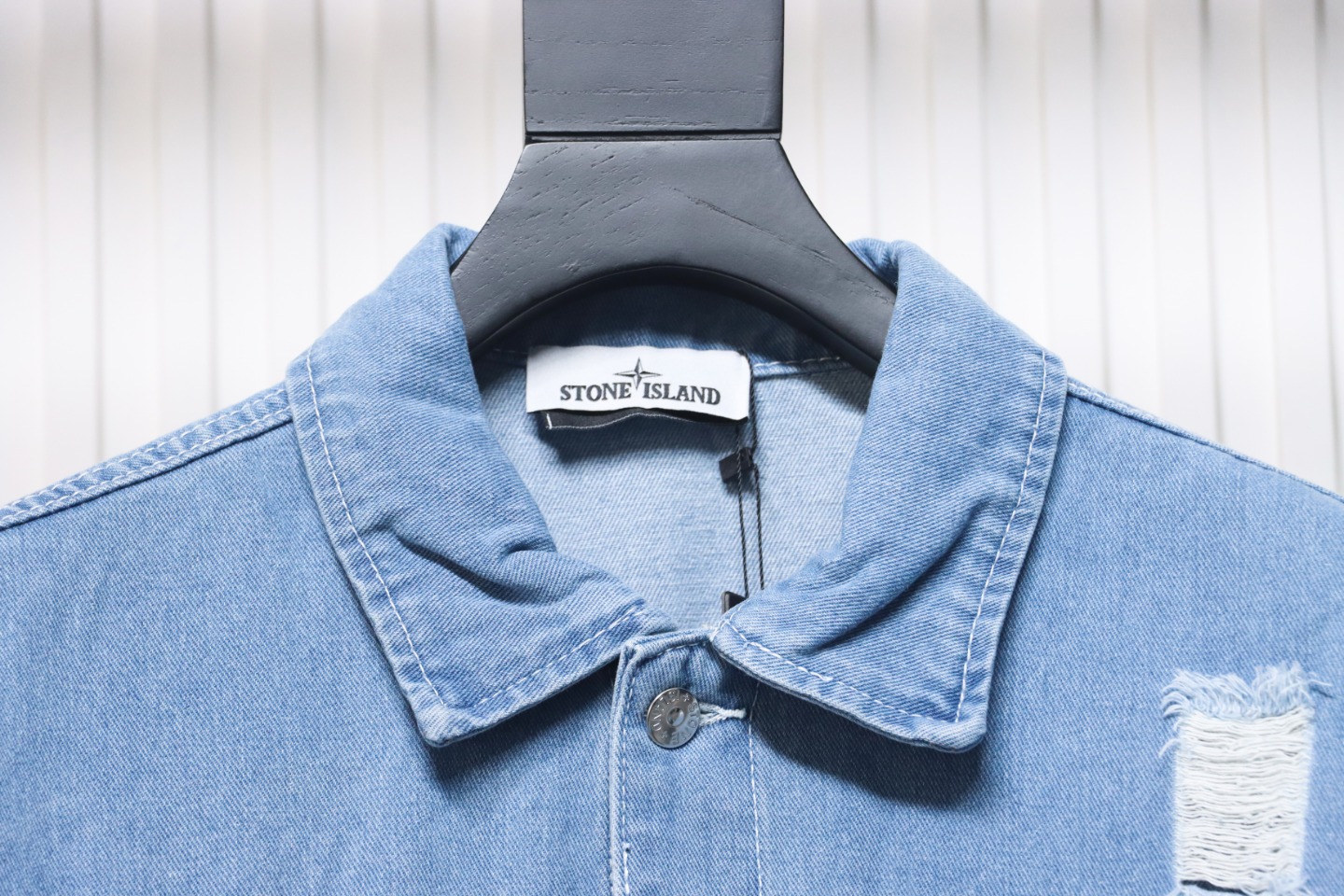 Stone Island Washed Distressed Denim Jacket Light Blue