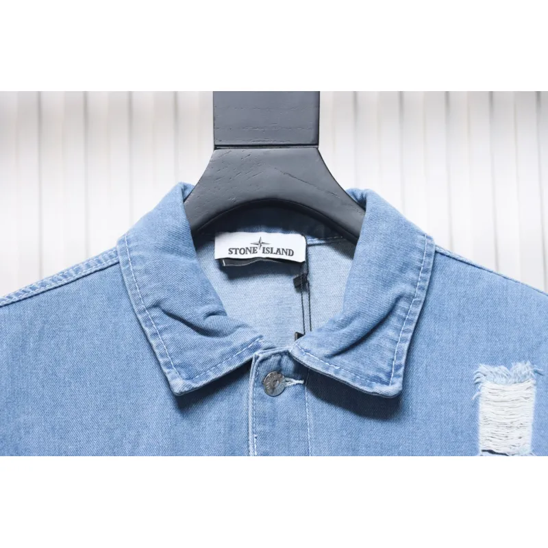 Stone Island Washed Distressed Denim Jacket Light Blue