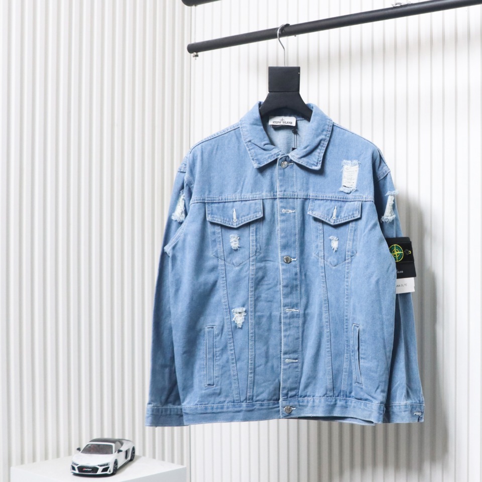 Stone Island Washed Distressed Denim Jacket Light Blue