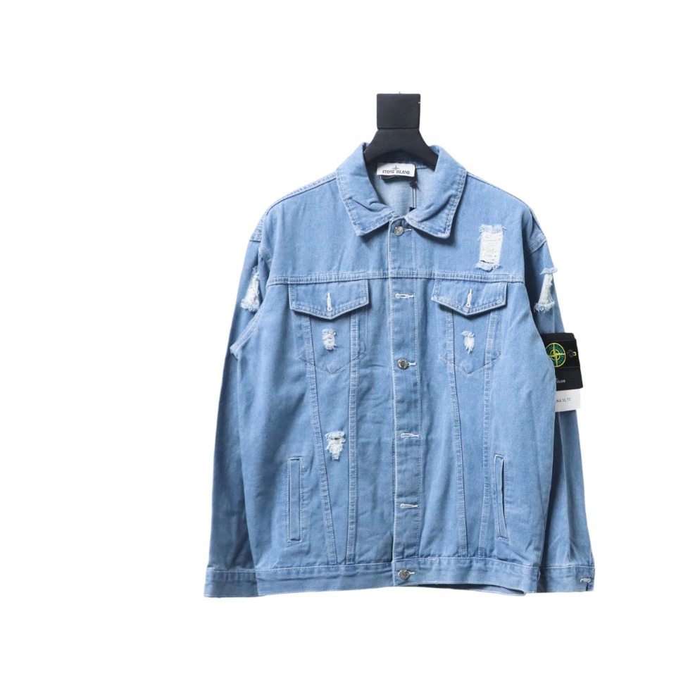 Stone Island Washed Distressed Denim Jacket Light Blue