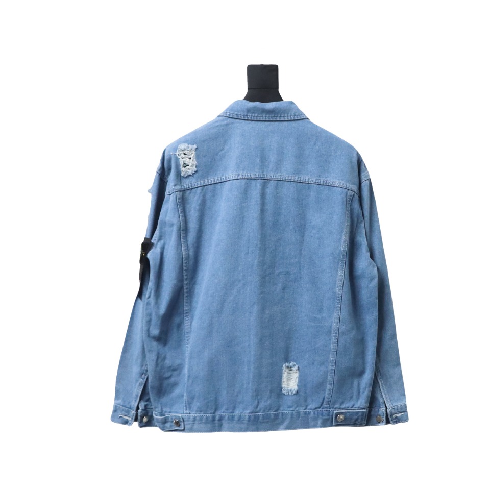 Stone Island Washed Distressed Denim Jacket Light Blue
