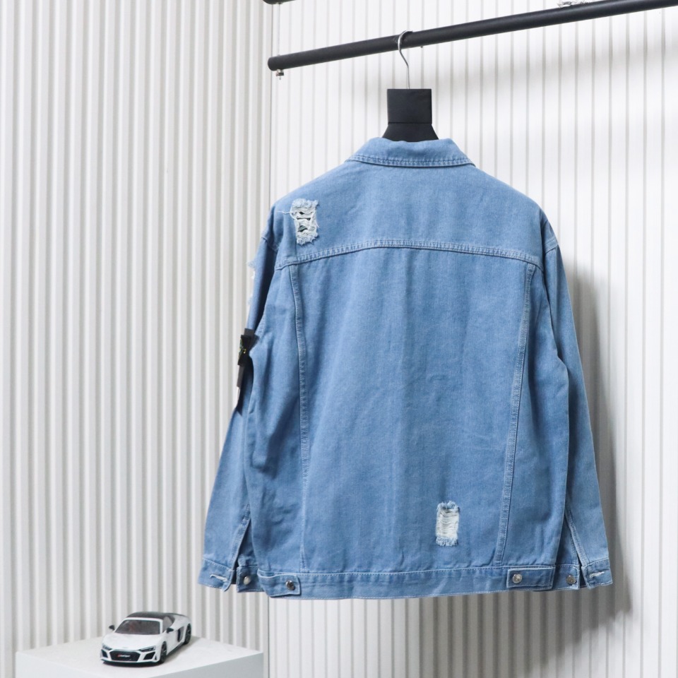 Stone Island Washed Distressed Denim Jacket Light Blue