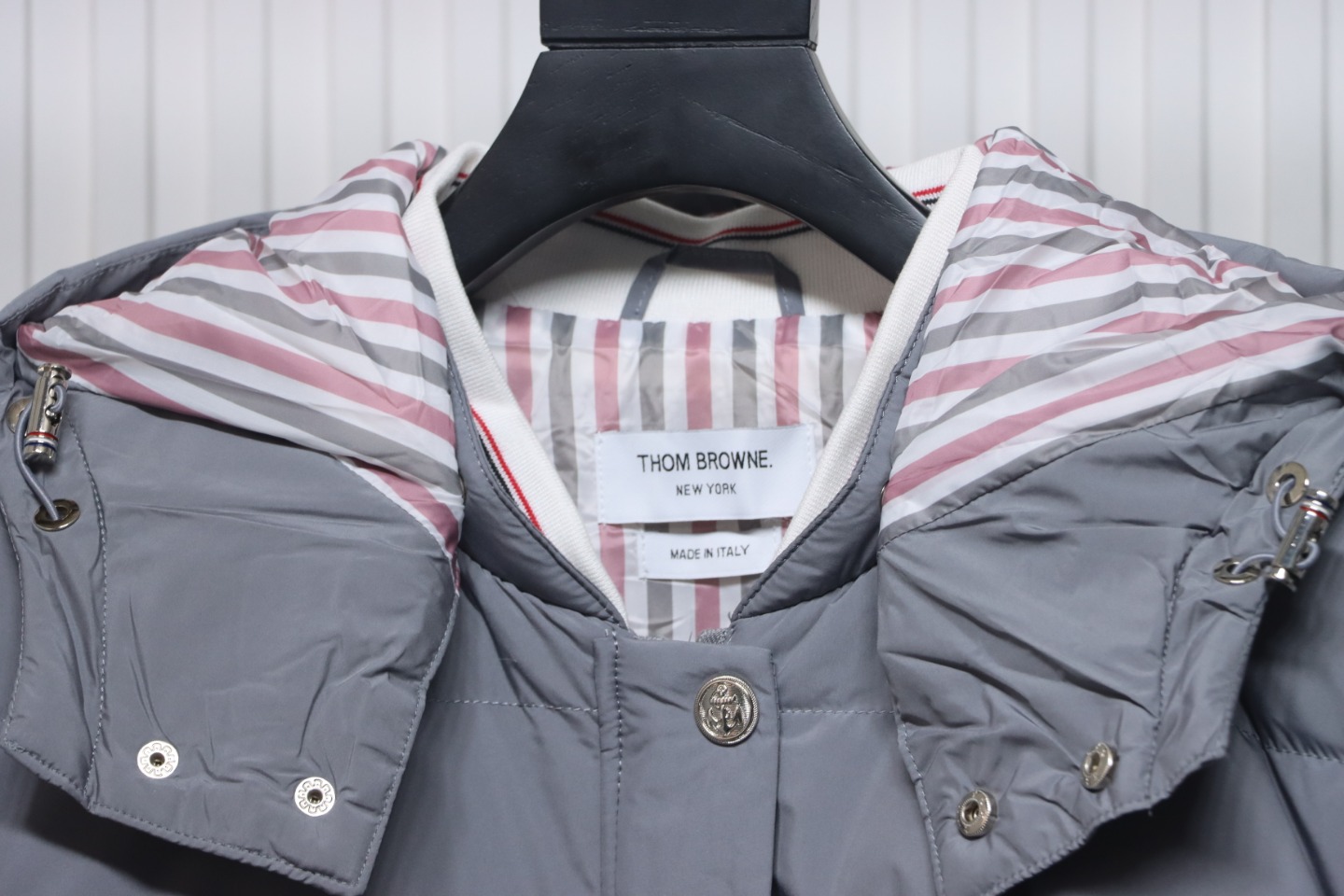 Thom Browne Classic Four-Bar Webbing Down Jacket Grey