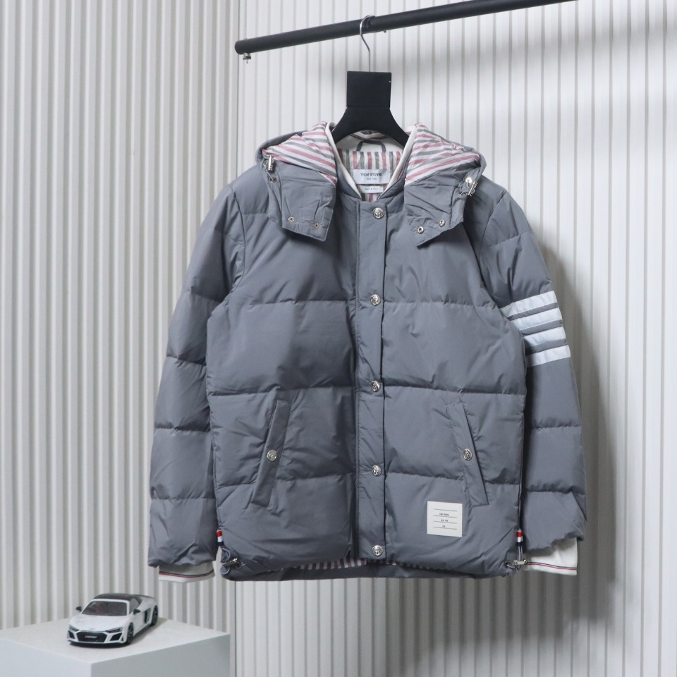 Thom Browne Classic Four-Bar Webbing Down Jacket Grey