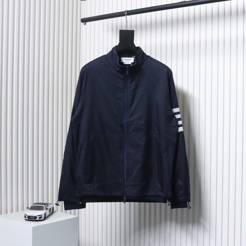 Thom Browne High Version Double Layer Four Bar Woven Stand Collar Jacket Blue