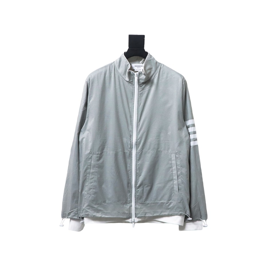 Thom Browne High Version Double Layer Four Bar Woven Stand Collar Jacket Grey