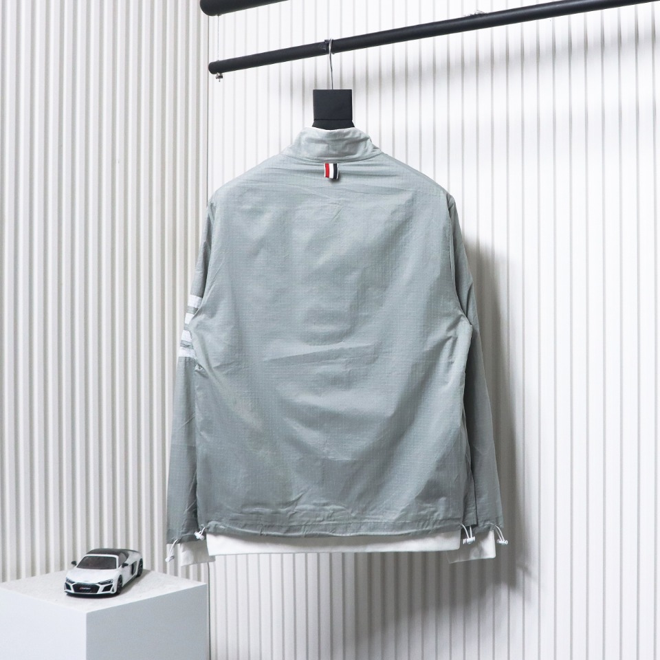 Thom Browne High Version Double Layer Four Bar Woven Stand Collar Jacket Grey