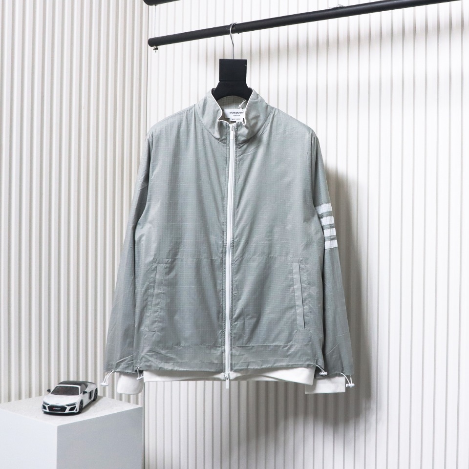 Thom Browne High Version Double Layer Four Bar Woven Stand Collar Jacket Grey