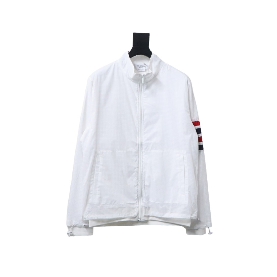 Thom Browne High Version Double Layer Four Bar Woven Stand Collar Jacket White