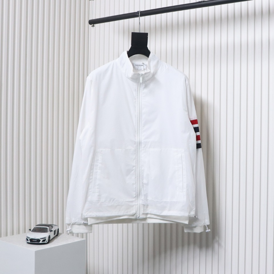 Thom Browne High Version Double Layer Four Bar Woven Stand Collar Jacket White