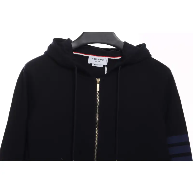 Thom Browne Special Offer Classic Contrast Color Yarn-Dyed Zip-Up Hoodie Black
