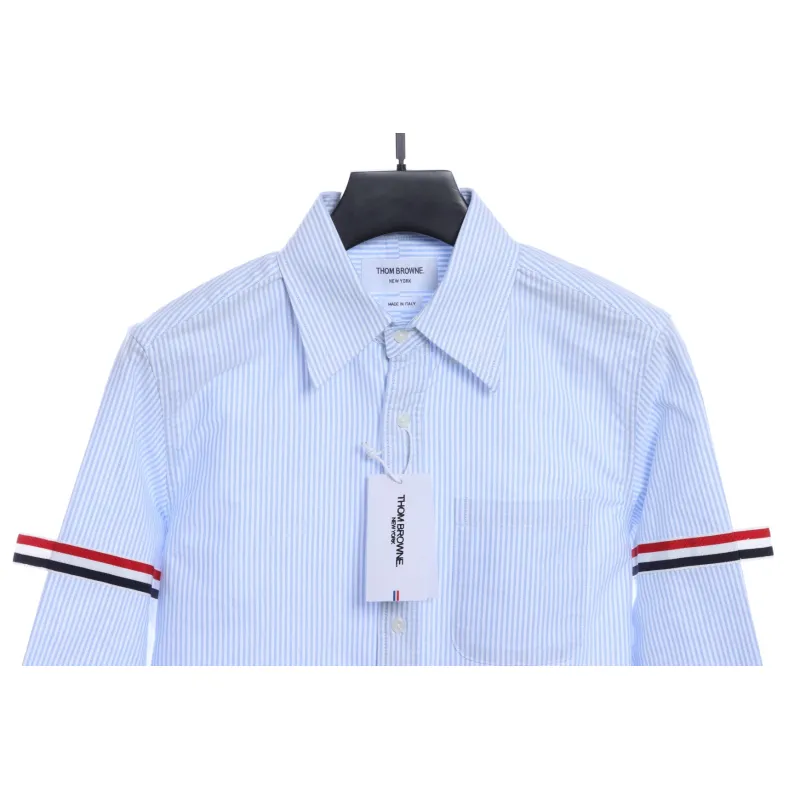 Thom Browne Special Offer Three-Stripe Webbing Blend Long-Seeved Shirt Blue