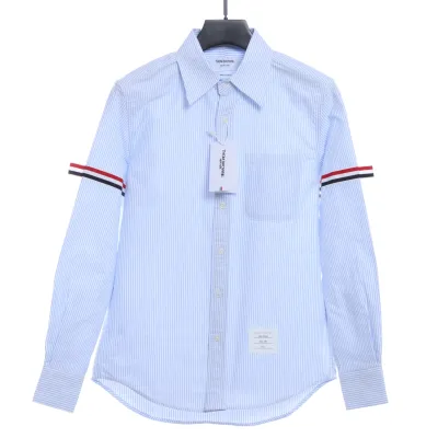 Thom Browne Special Offer Three-Stripe Webbing Blend Long-Seeved Shirt Blue 01