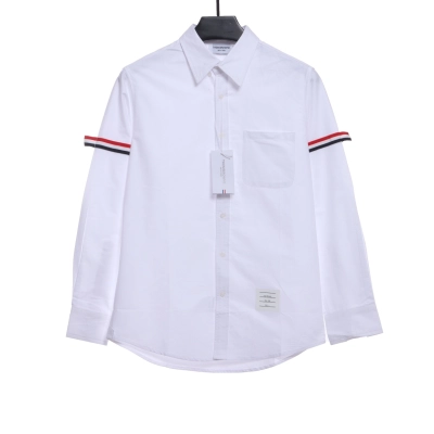Thom Browne Special Offer Three-Stripe Webbing Blend Long-Seeved Shirt White 01
