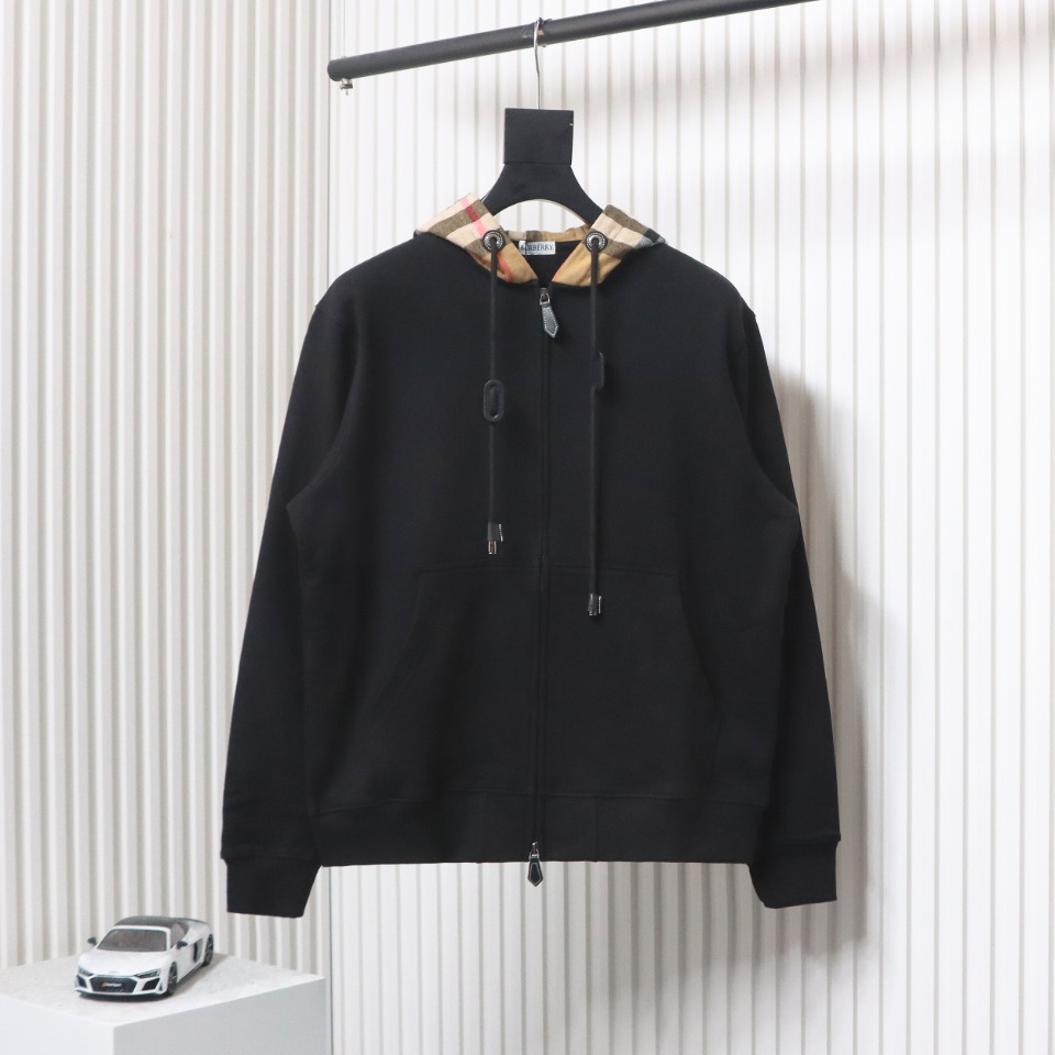 Burberry Check Hood Panel Double Zipper Hooded Jacket Black