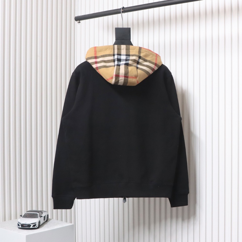 Burberry Check Hood Panel Double Zipper Hooded Jacket Black