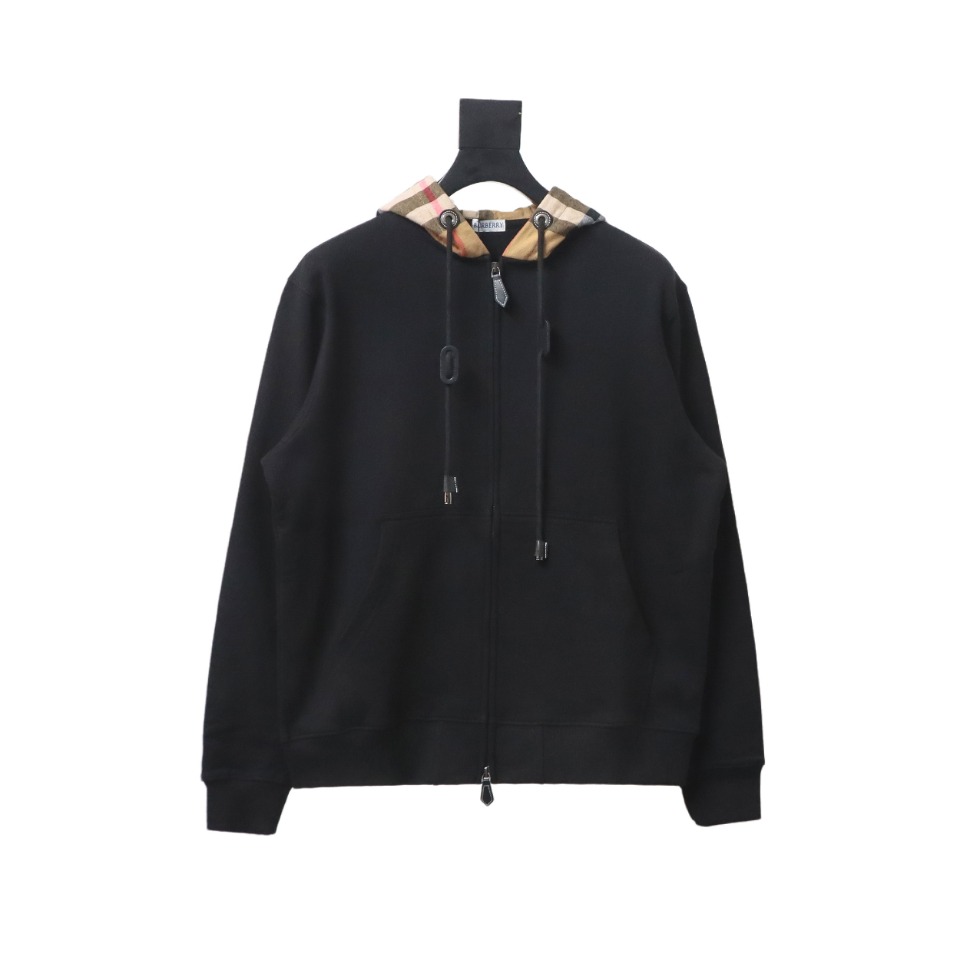 Burberry Check Hood Panel Double Zipper Hooded Jacket Black