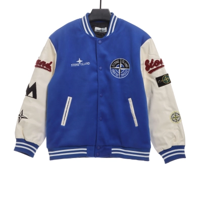 Stone Island Compass Logo Leather Sleeve Baseball Jacket Blue 01