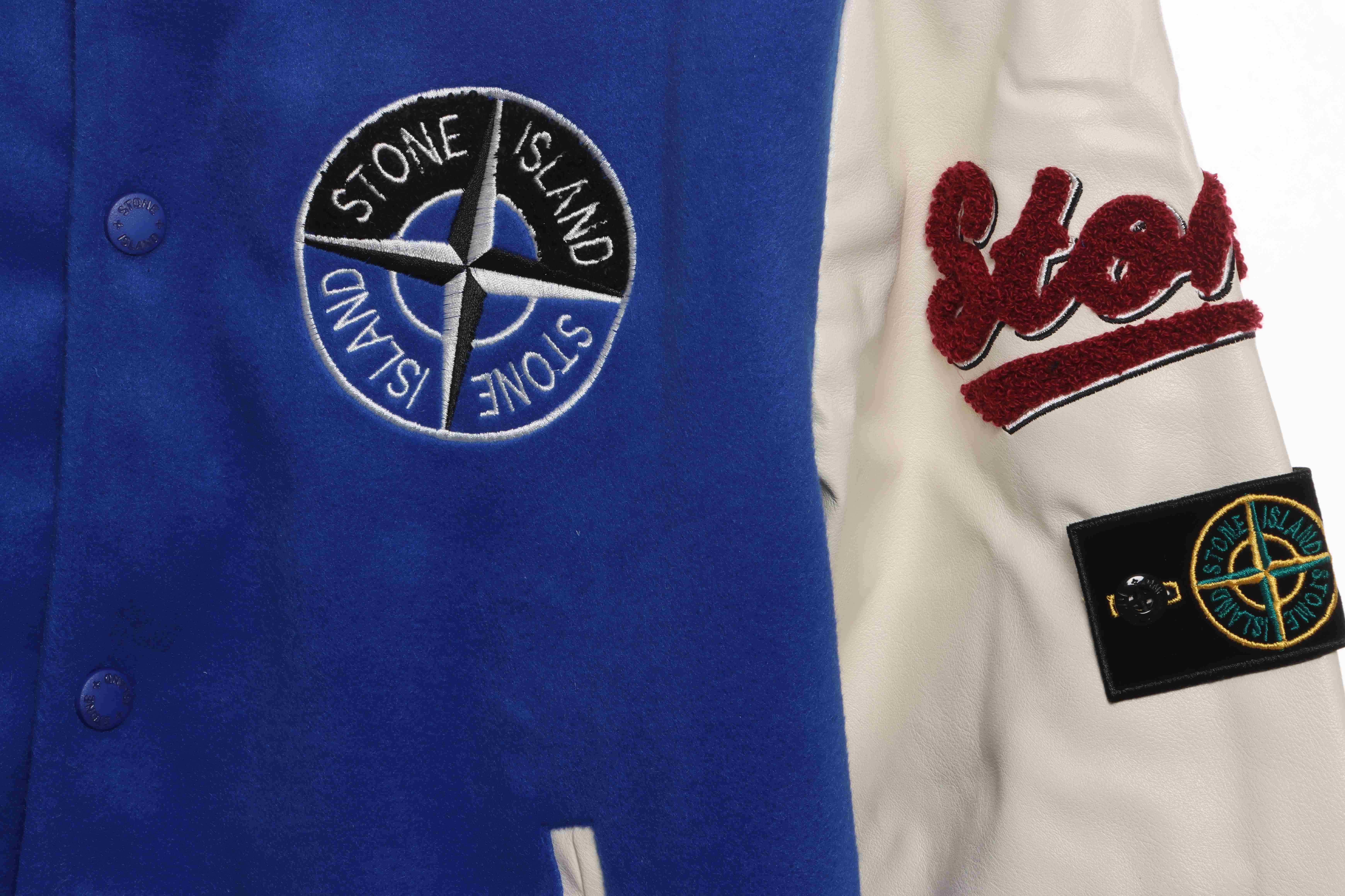 Stone Island Compass Logo Leather Sleeve Baseball Jacket Blue