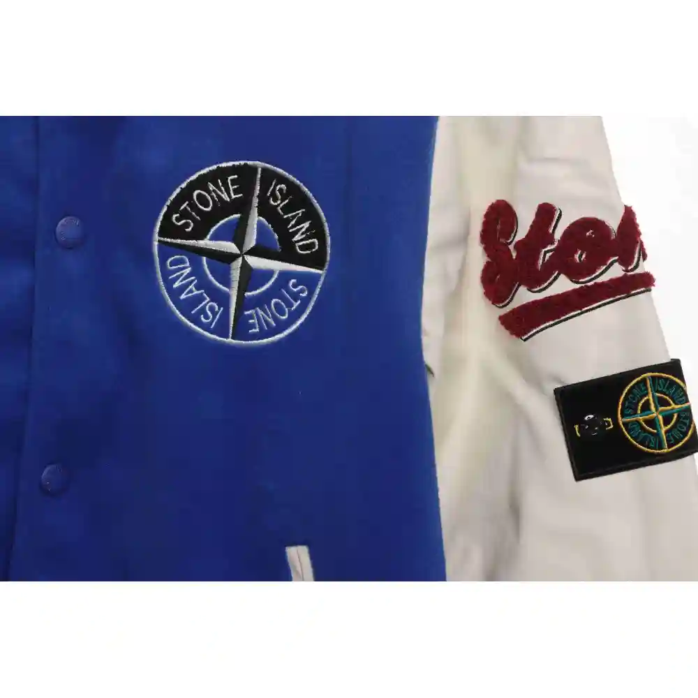 Stone Island Compass Logo Leather Sleeve Baseball Jacket Blue