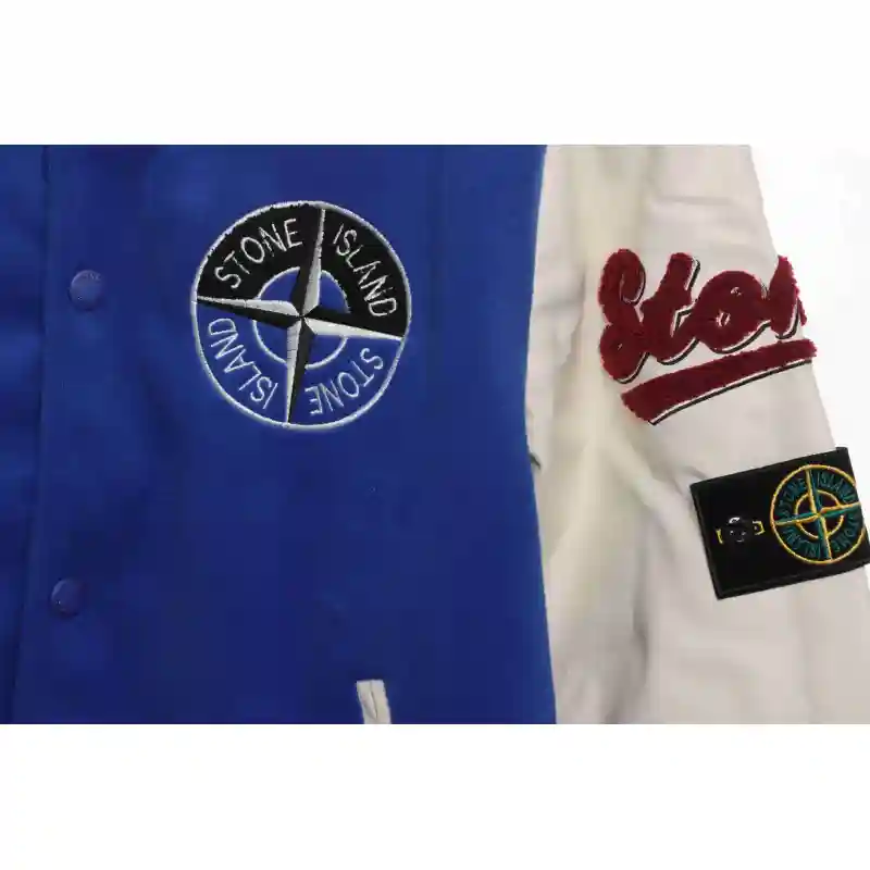 Stone Island Compass Logo Leather Sleeve Baseball Jacket Blue