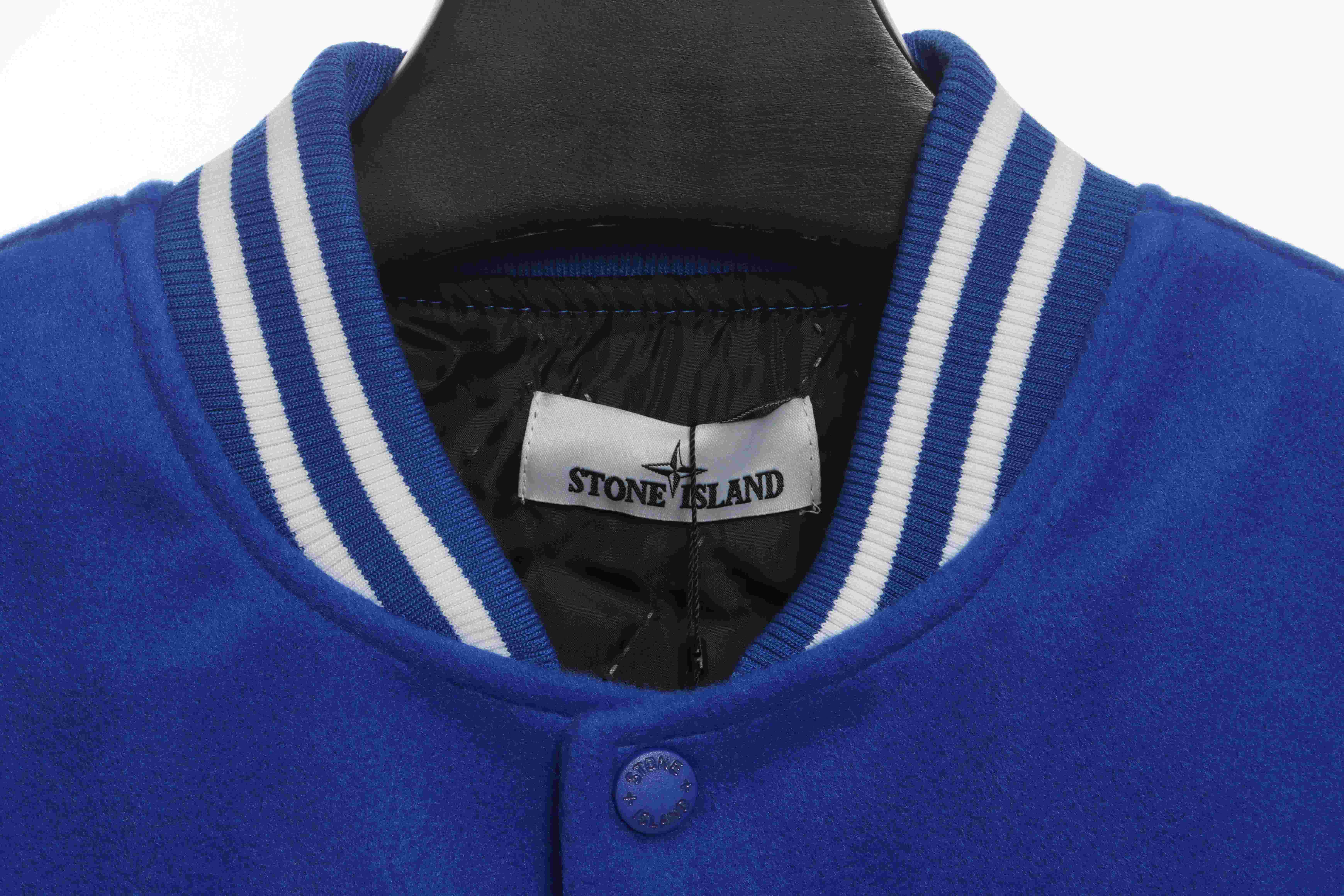 Stone Island Compass Logo Leather Sleeve Baseball Jacket Blue