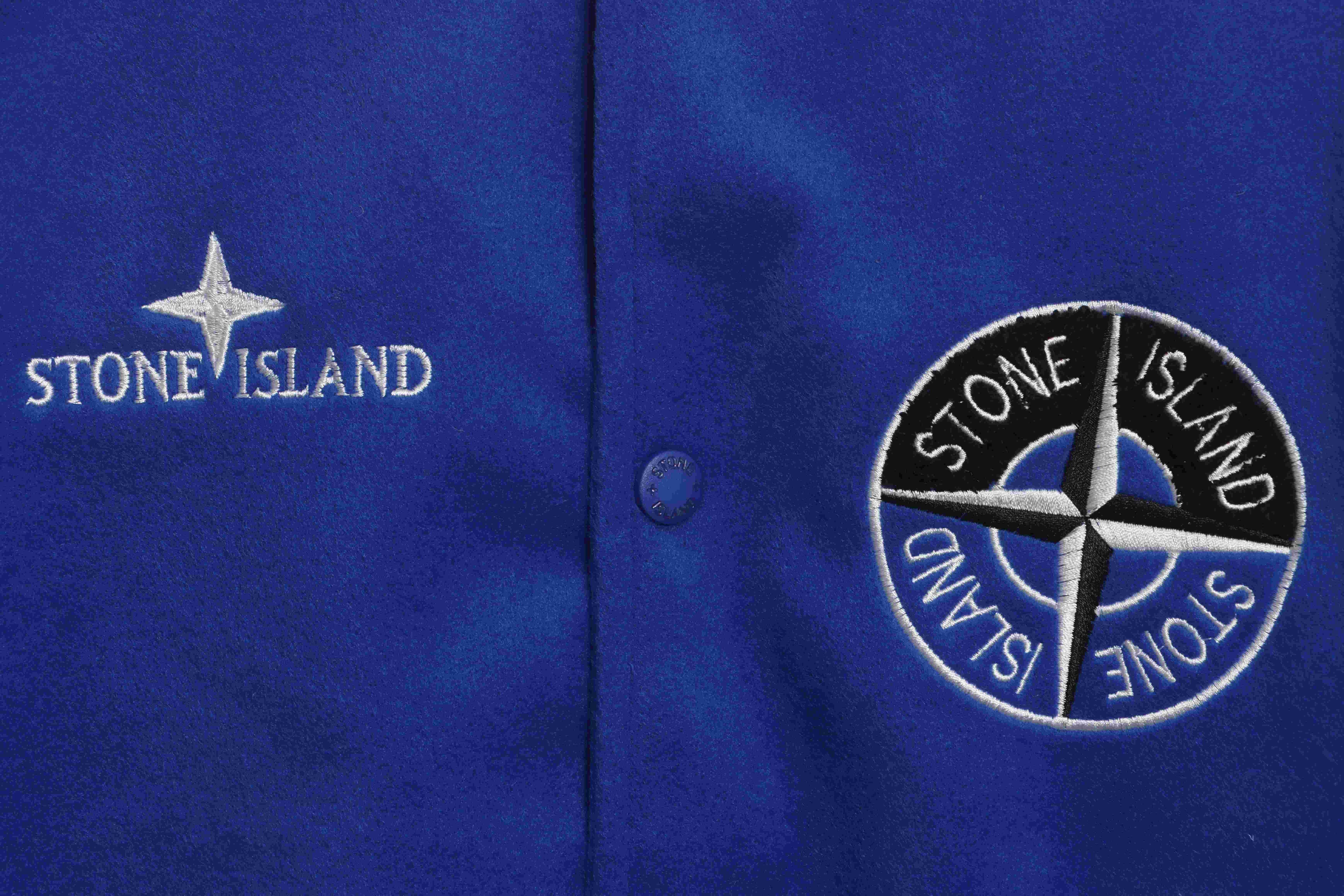 Stone Island Compass Logo Leather Sleeve Baseball Jacket Blue