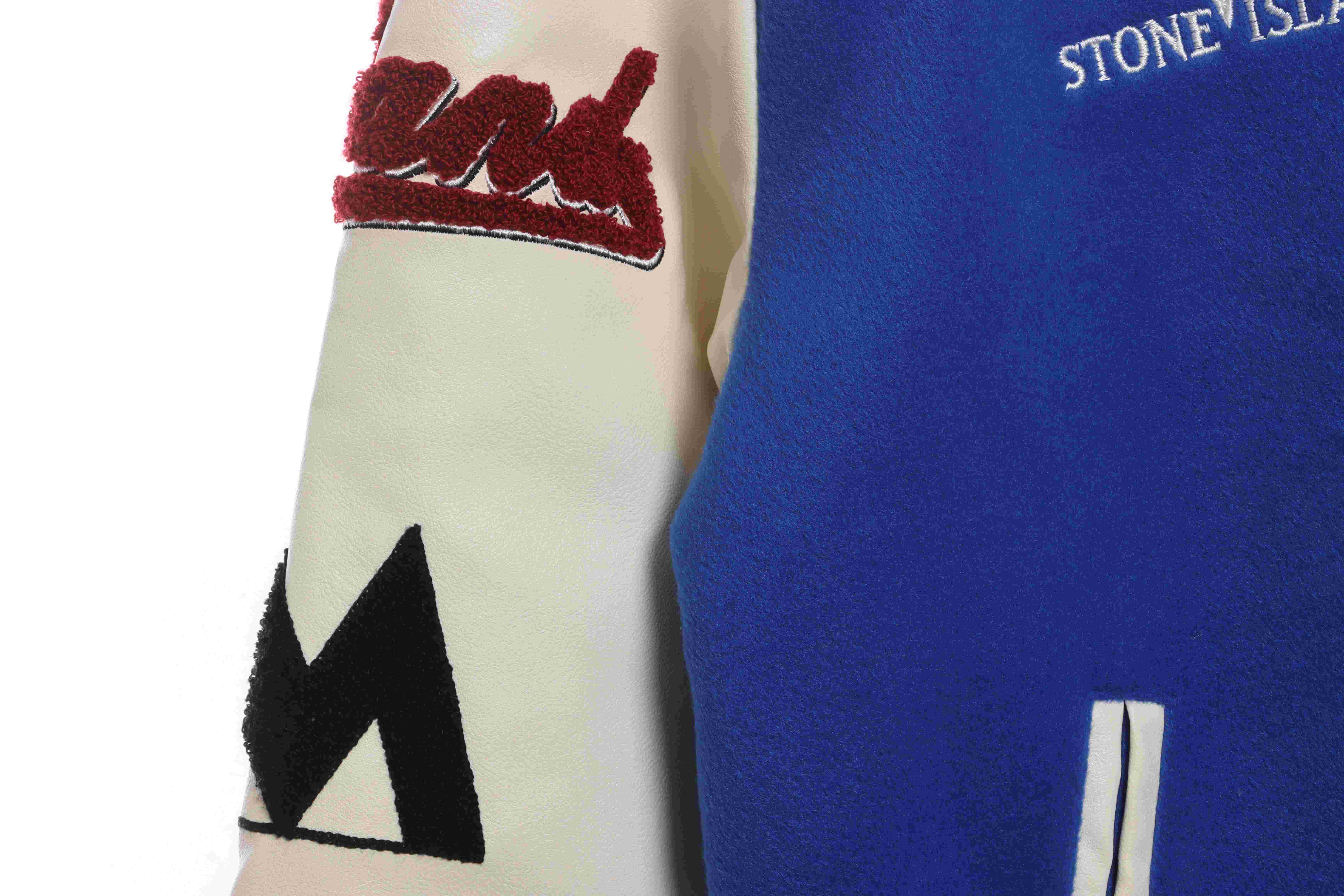 Stone Island Compass Logo Leather Sleeve Baseball Jacket Blue