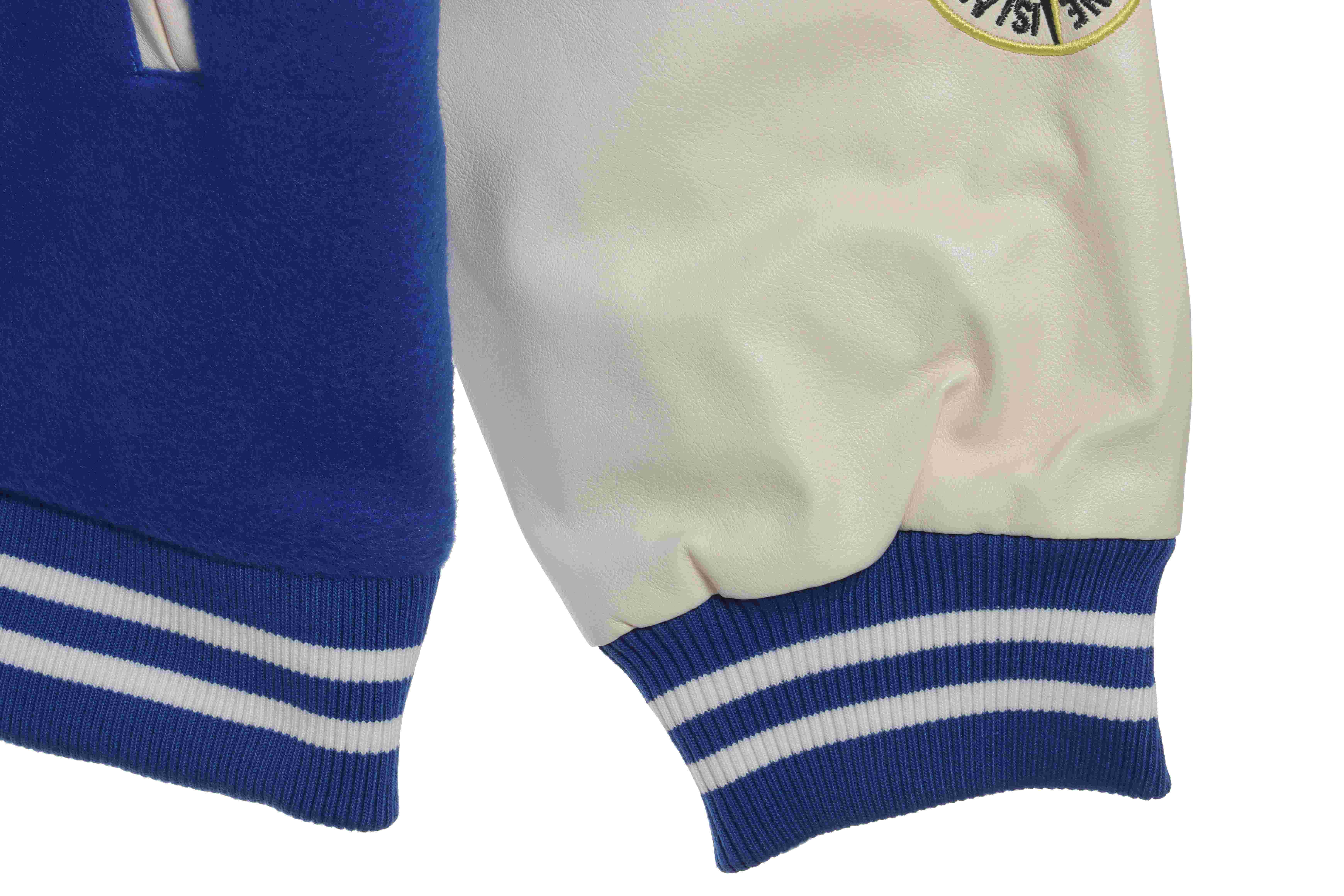 Stone Island Compass Logo Leather Sleeve Baseball Jacket Blue