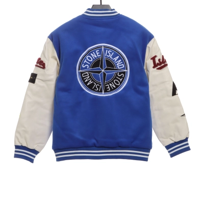Stone Island Compass Logo Leather Sleeve Baseball Jacket Blue 02
