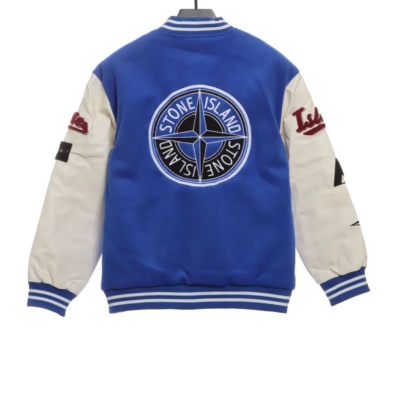 Stone Island Compass Logo Leather Sleeve Baseball Jacket Blue