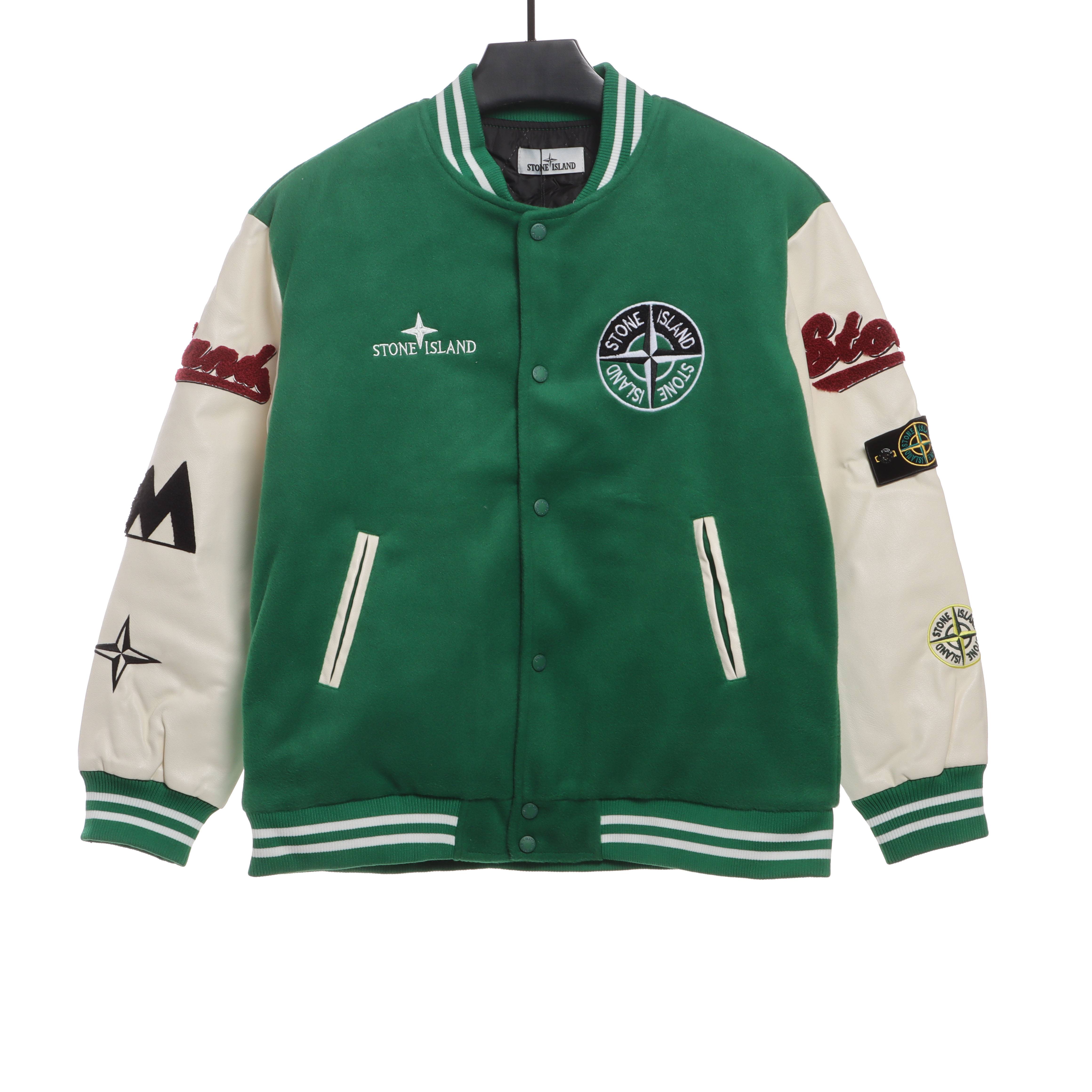 Stone Island Compass Logo Leather Sleeve Baseball Jacket Green