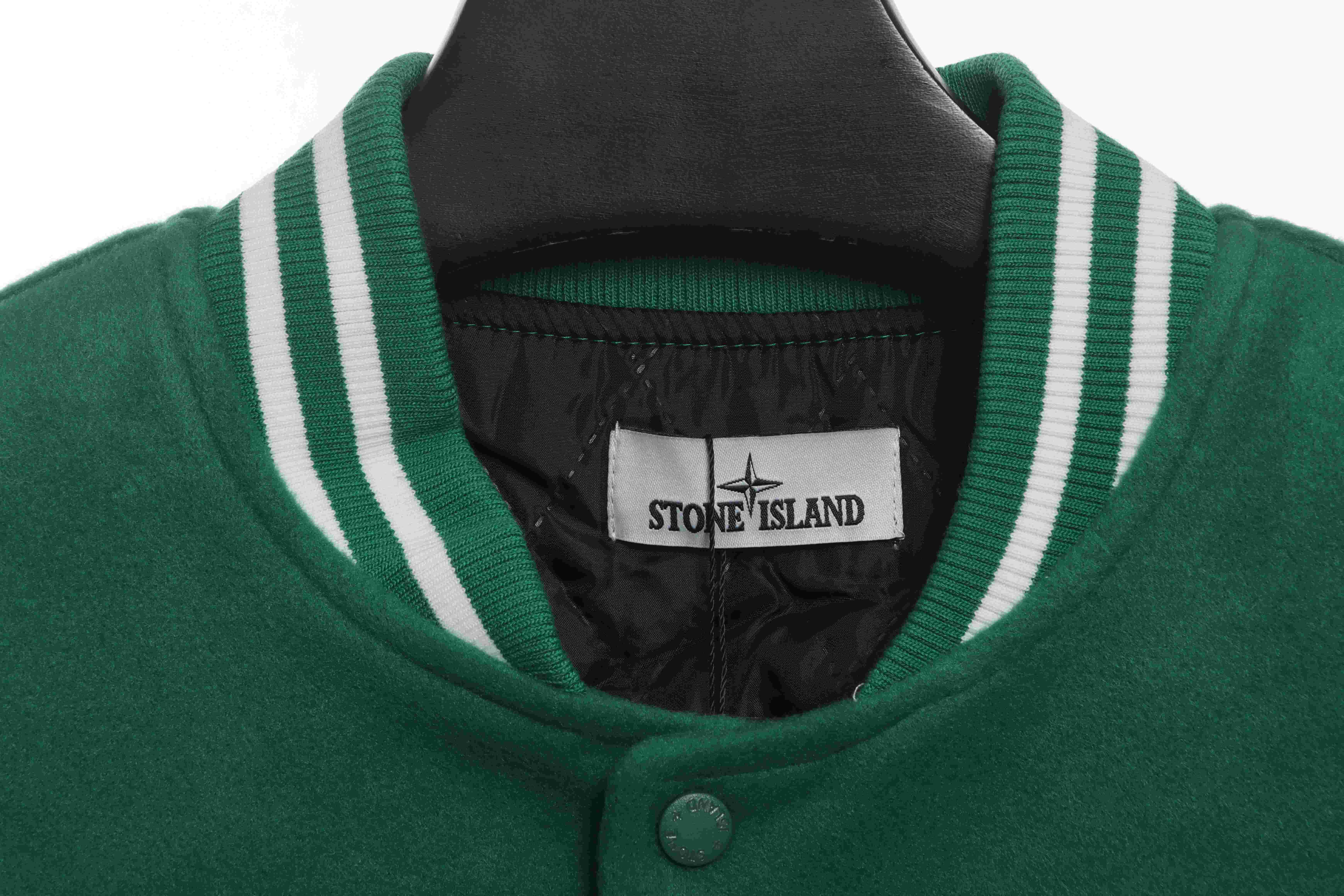 Stone Island Compass Logo Leather Sleeve Baseball Jacket Green
