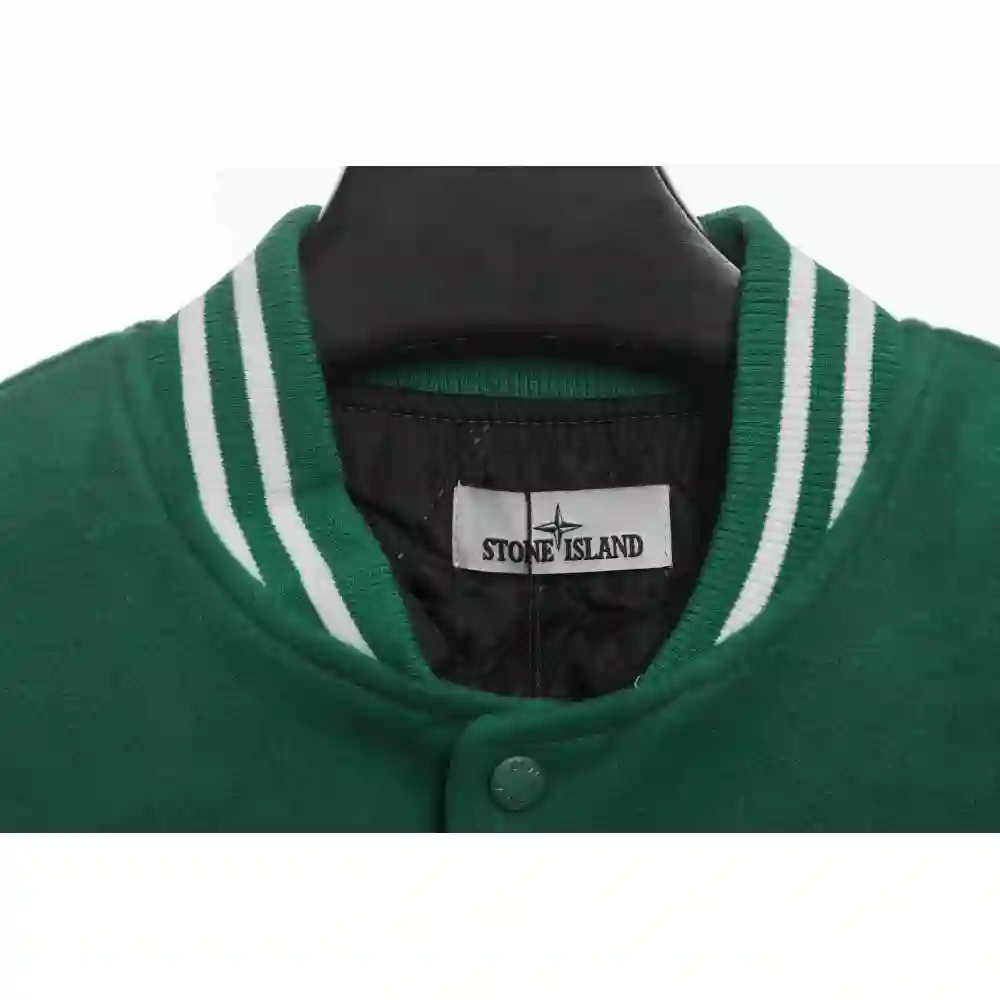 Stone Island Compass Logo Leather Sleeve Baseball Jacket Green