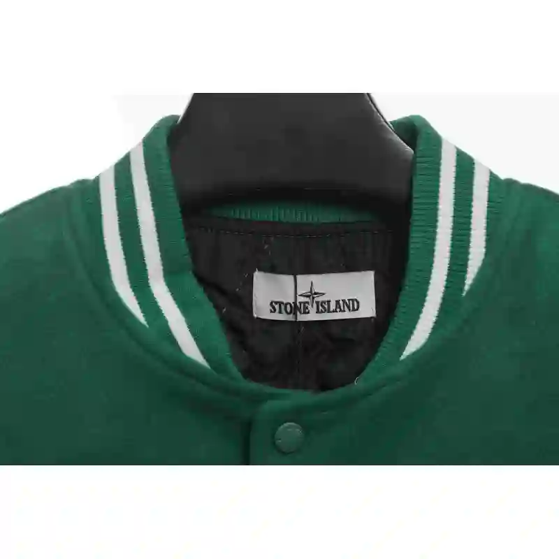 Stone Island Compass Logo Leather Sleeve Baseball Jacket Green