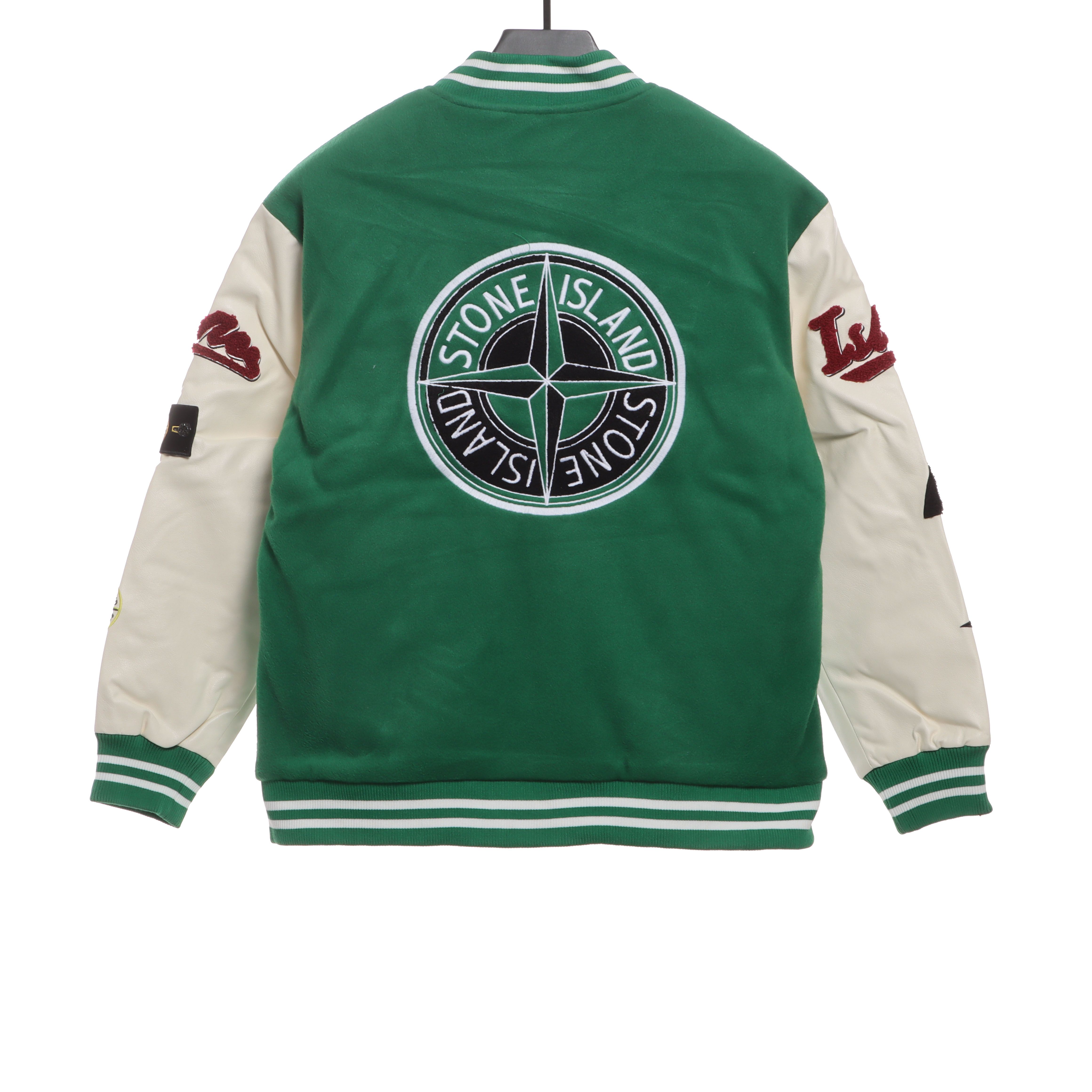Stone Island Compass Logo Leather Sleeve Baseball Jacket Green